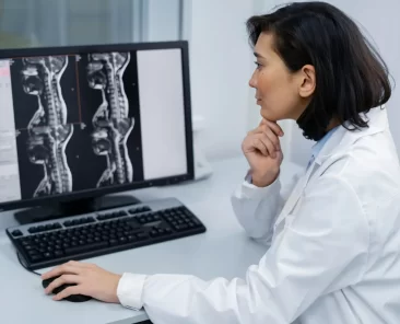 Uma médica avalia exames de coluna do paciente.