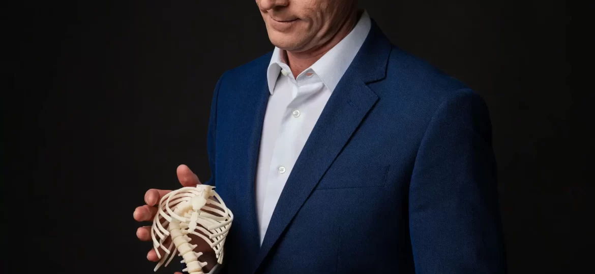 Imagem do Dr. Alexandre Jaccar segurando um biomodelo com deformidades da coluna.