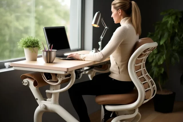 Imagem de uma mulher com boa postura durante o trabalho, simbolizando a importância da ergonomia no home office.