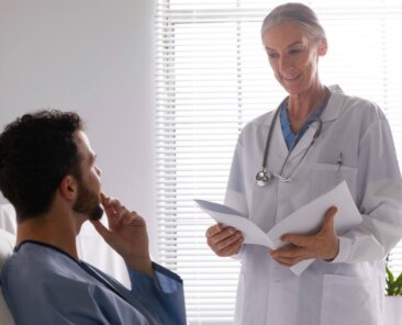 Uma médica conversa com paciente em fase de recuperação de cirurgia.