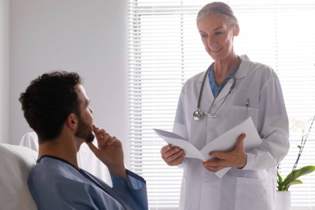 Uma médica conversa com paciente em fase de recuperação de cirurgia.