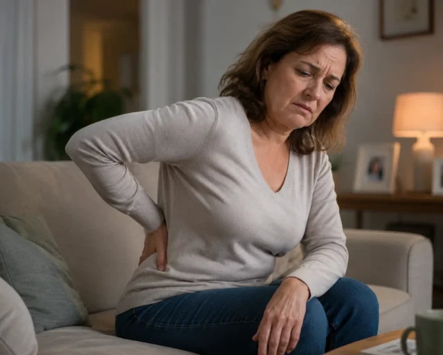 Mulher sentada no sofá, com expressão triste e mão na lombar devido à dor nas costas.