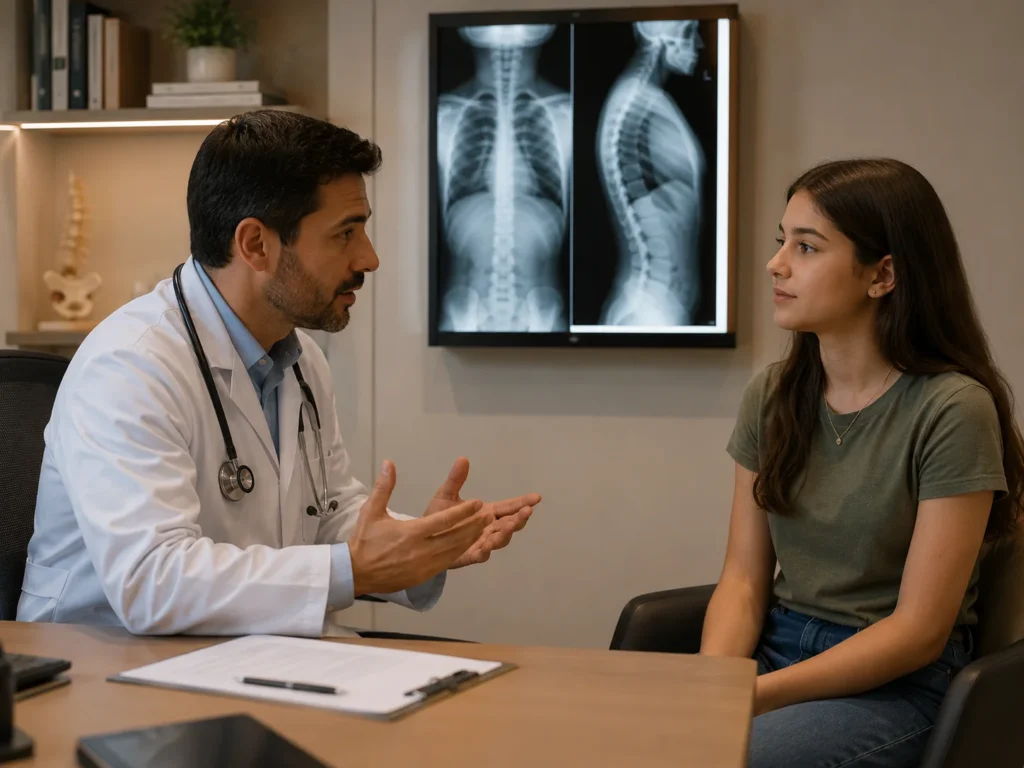 Um médico conversa com uma adolescente sentada à sua frente em um consultório, com um raio-x de coluna ao fundo. 