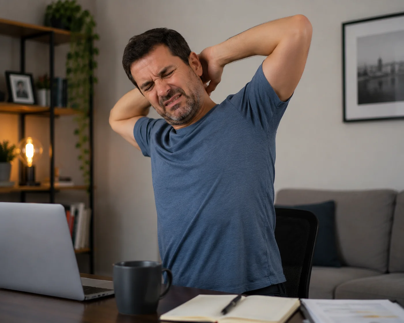 Homem se alongando em home office, com expressão de dor após sentir estalo na coluna.