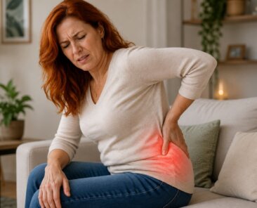 Uma mulher sofre com a dor sacroilíaca.