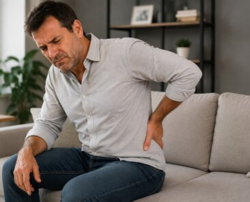 Um homem sente dor devido a espondilolistese lombar.
