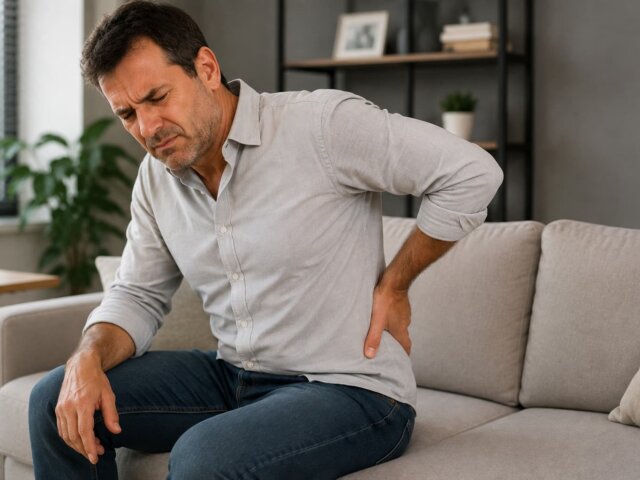 Um homem sente dor devido a espondilolistese lombar.